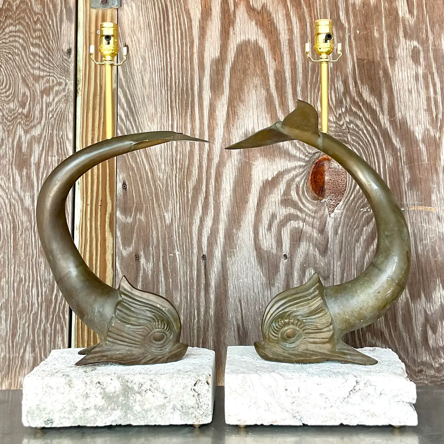 Vintage Coastal Bronze Koi Fish on Coquina Slab Lamps - a Pair - Top view