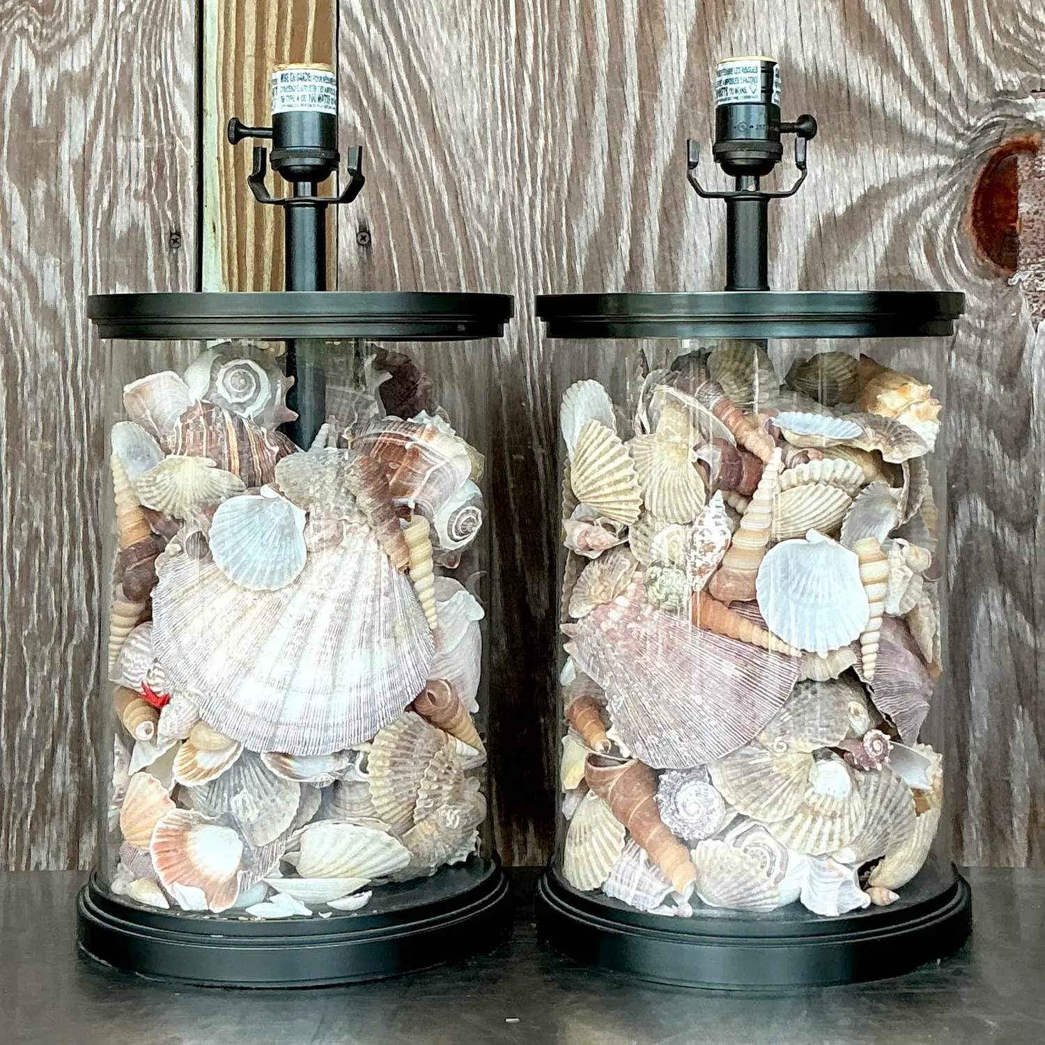 Vintage Coastal Bronze Shell Collector Lamps - a Pair - Detail view