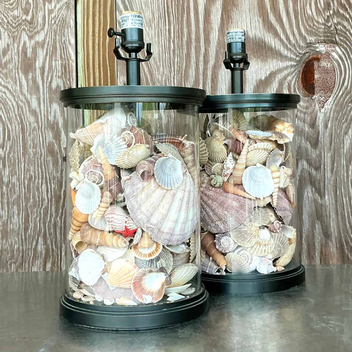 Vintage Coastal Bronze Shell Collector Lamps - a Pair - Side view