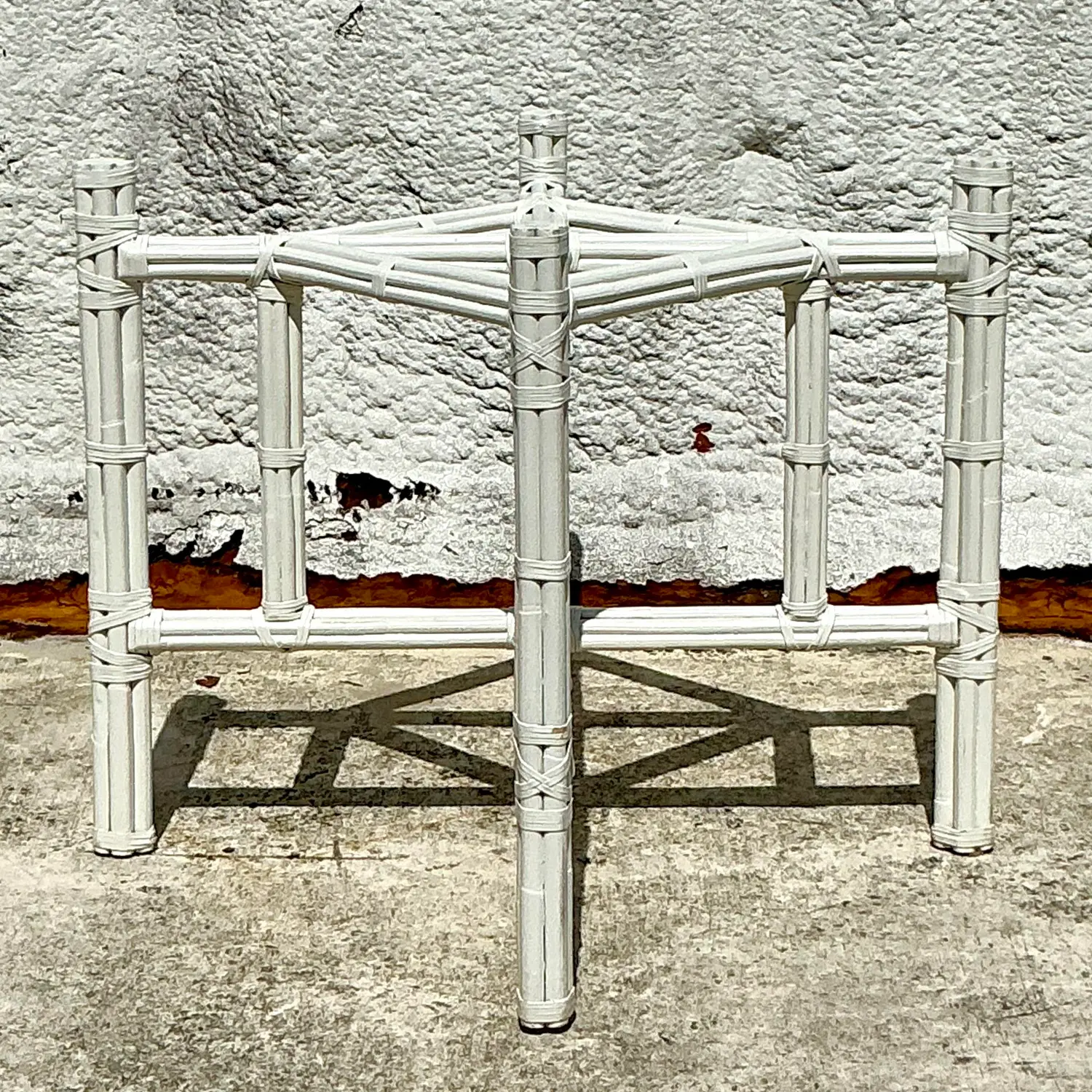 Vintage Coastal Bundled Rattan Dining Table Pedestal Base After McGuire - Back view