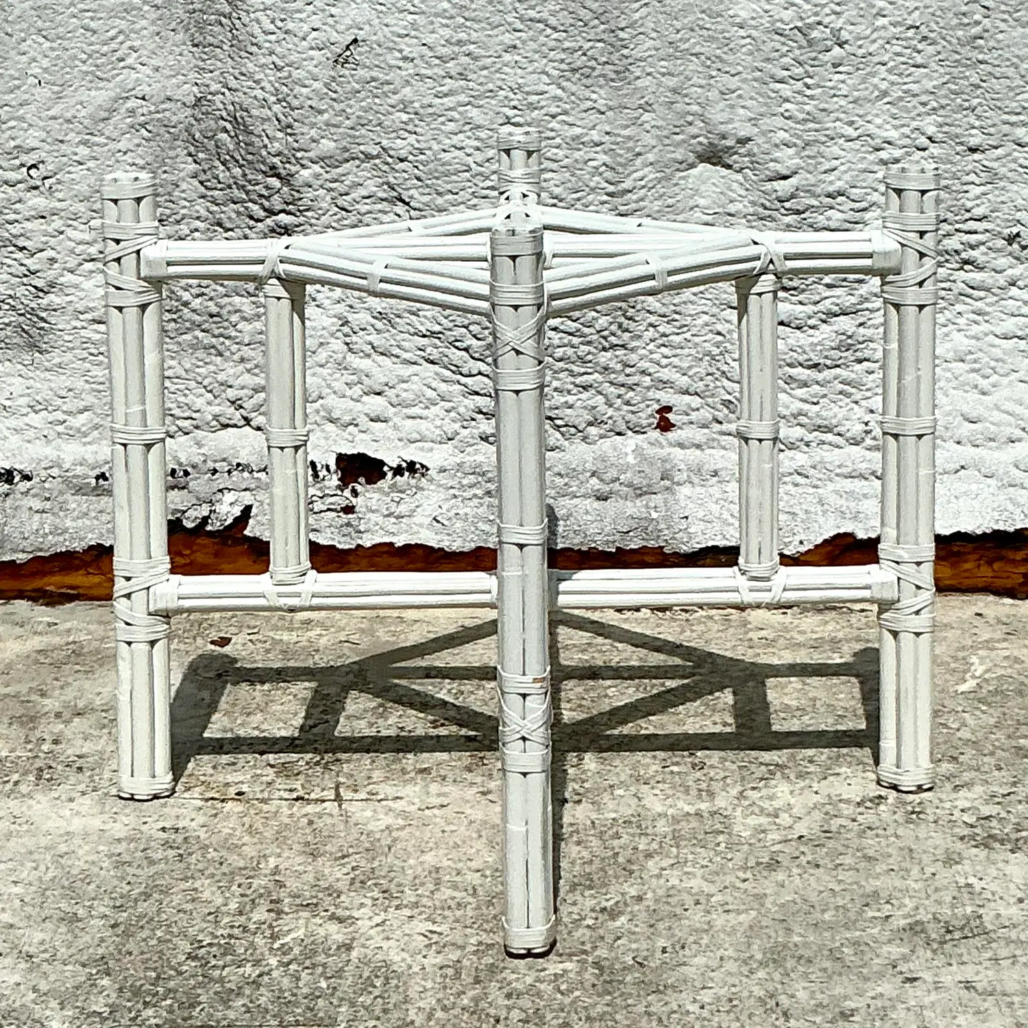 Vintage Coastal Bundled Rattan Dining Table Pedestal Base After McGuire - Side view
