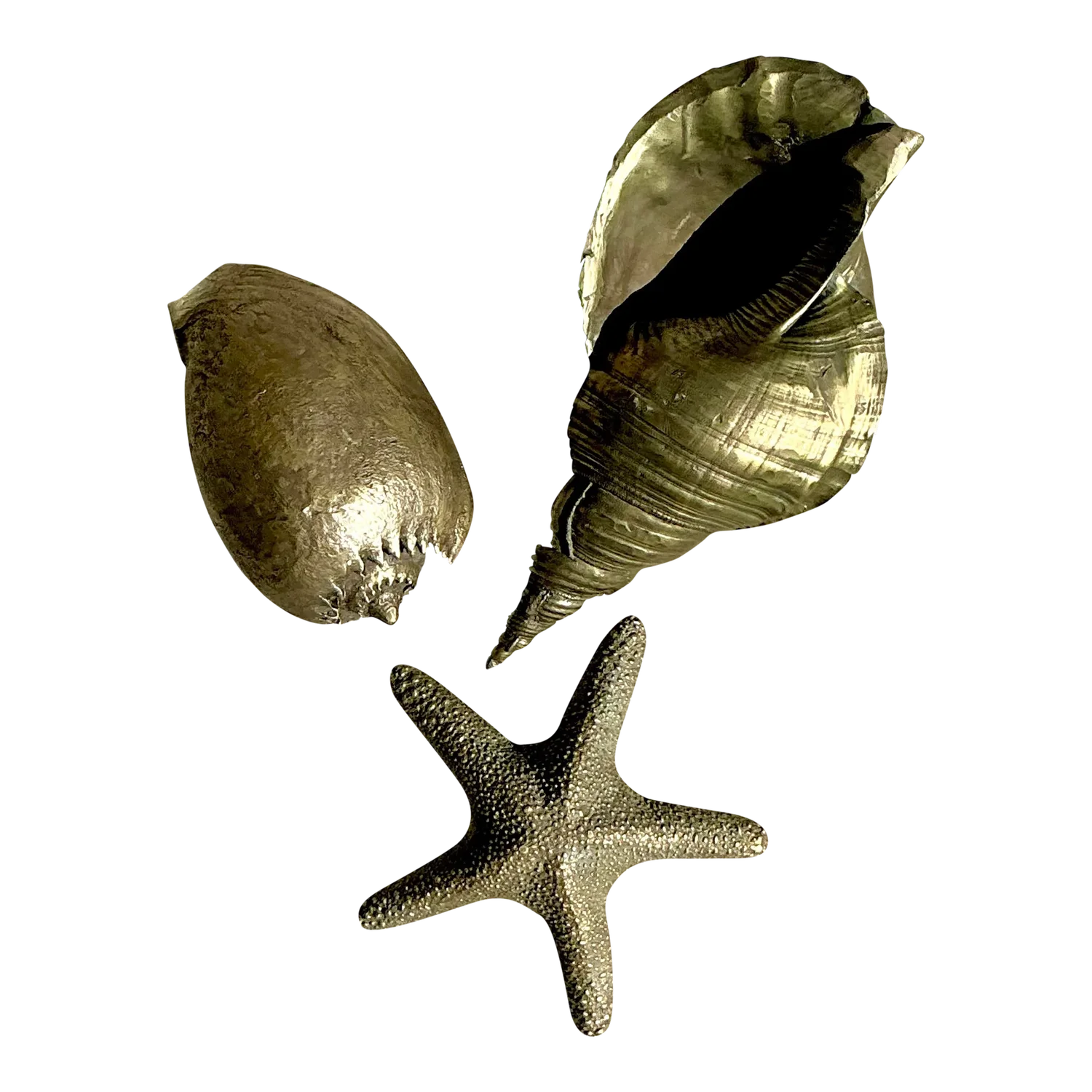Vintage Coastal Burnished Brass Shells- Set of 3 - Detail view