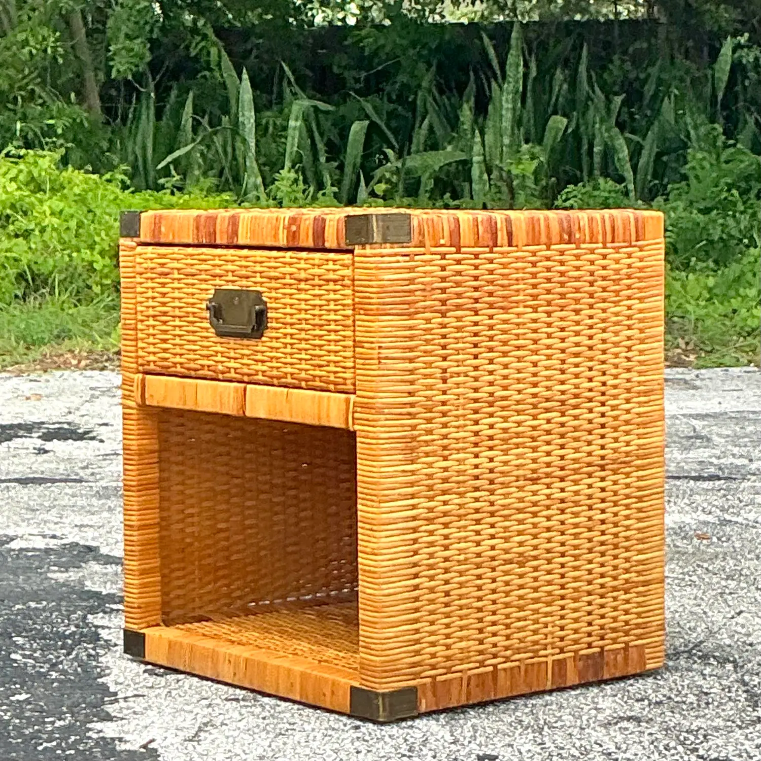 Vintage Coastal Campaign Woven Rattan Nightstand - Back view