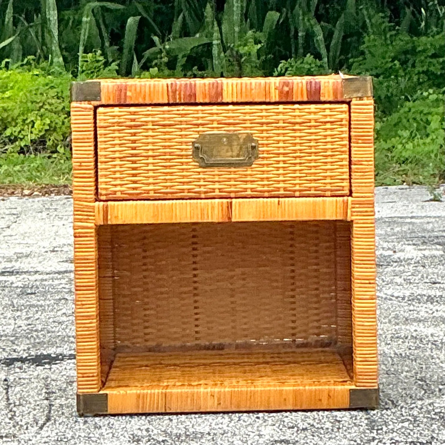Vintage Coastal Campaign Woven Rattan Nightstand - Top view
