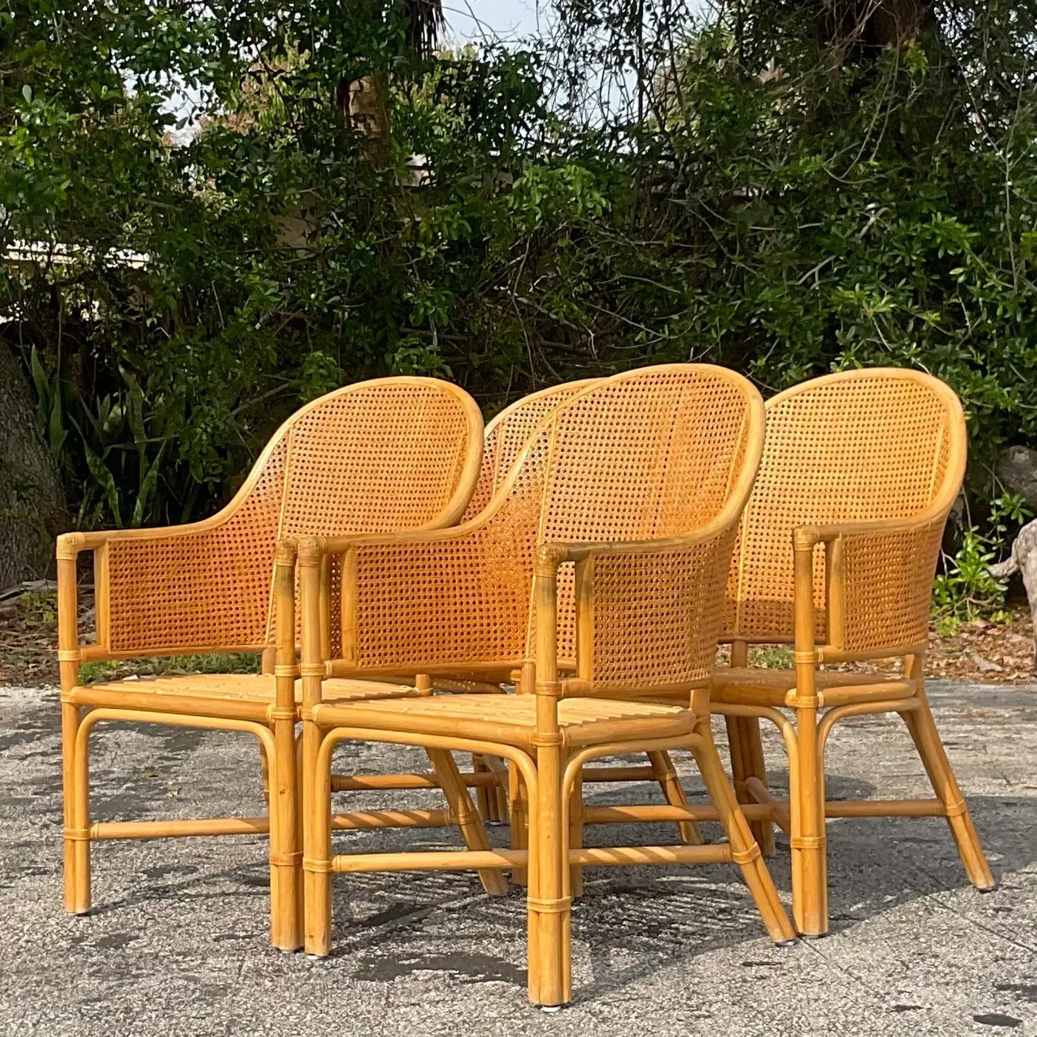 Vintage Coastal Cane Rattan Dining Chairs After McGuire - Set of 4 - Top view