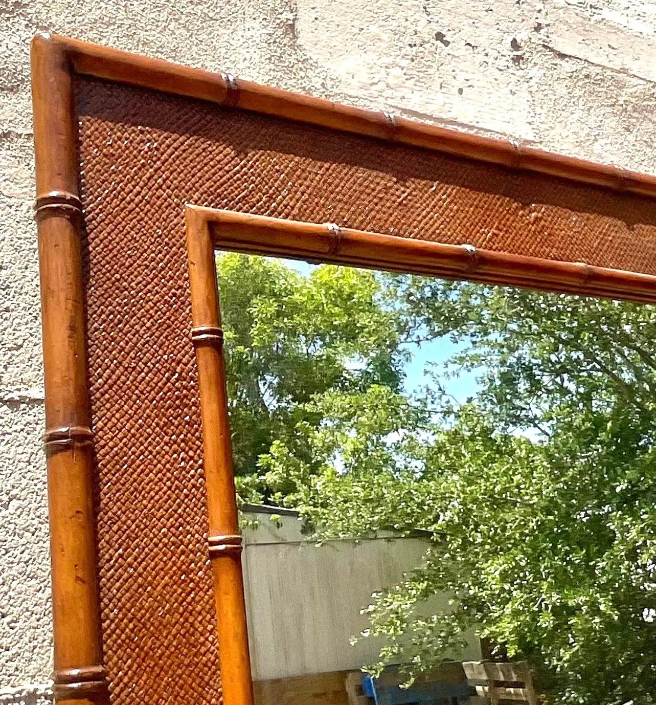 Vintage Coastal Carved Bamboo Wall Mirror - Detail view