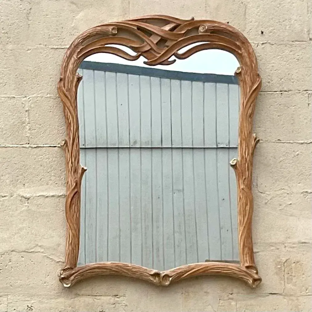 Vintage Coastal Carved Faux Bois Wood Mirror - Side view