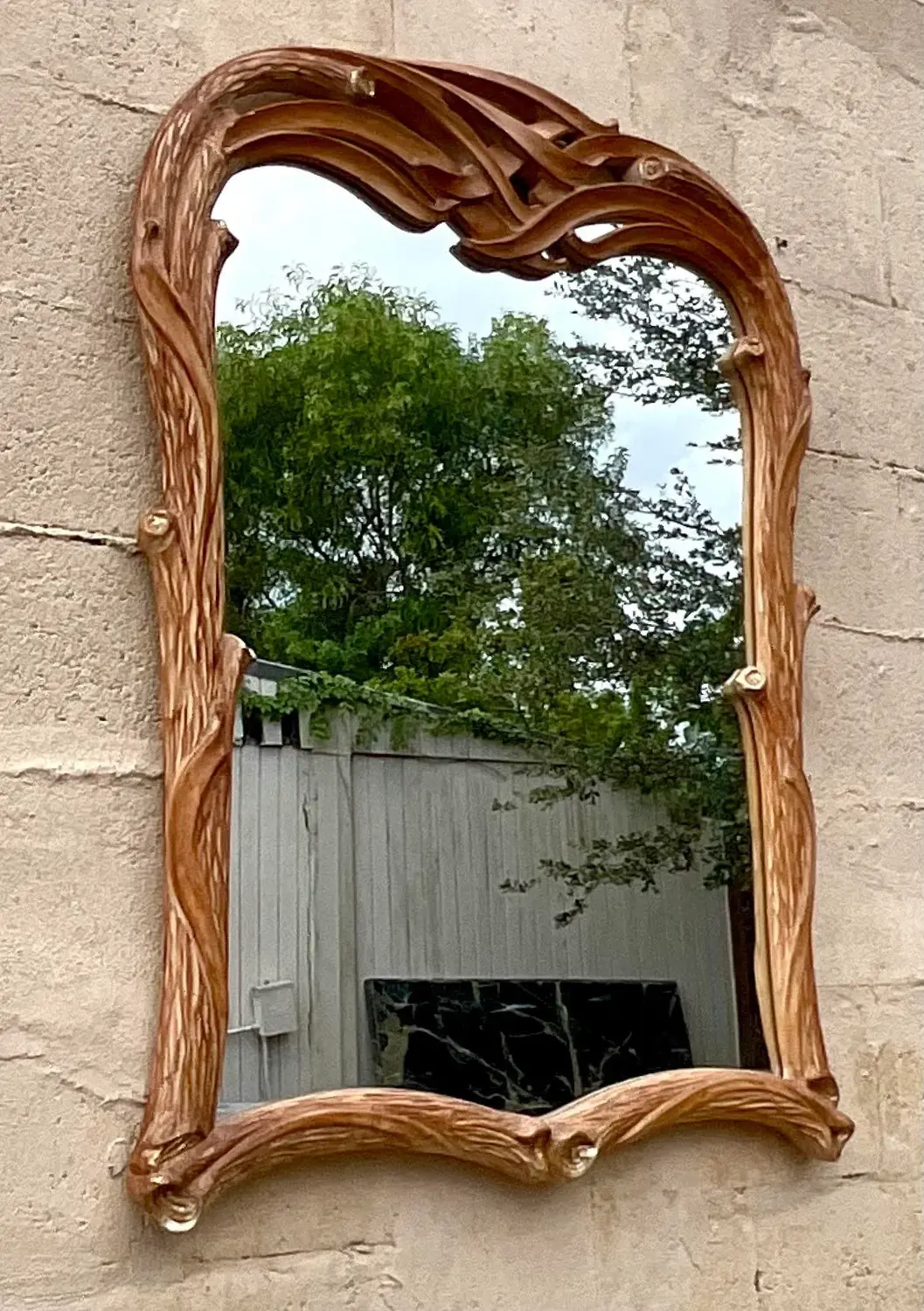 Vintage Coastal Carved Faux Bois Wood Mirror - Detail view