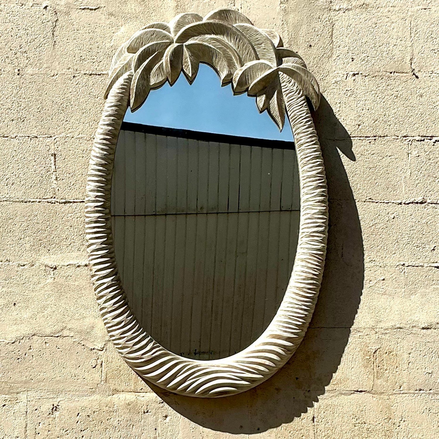 Vintage Coastal Carved Palm Tree Mirror - Back view