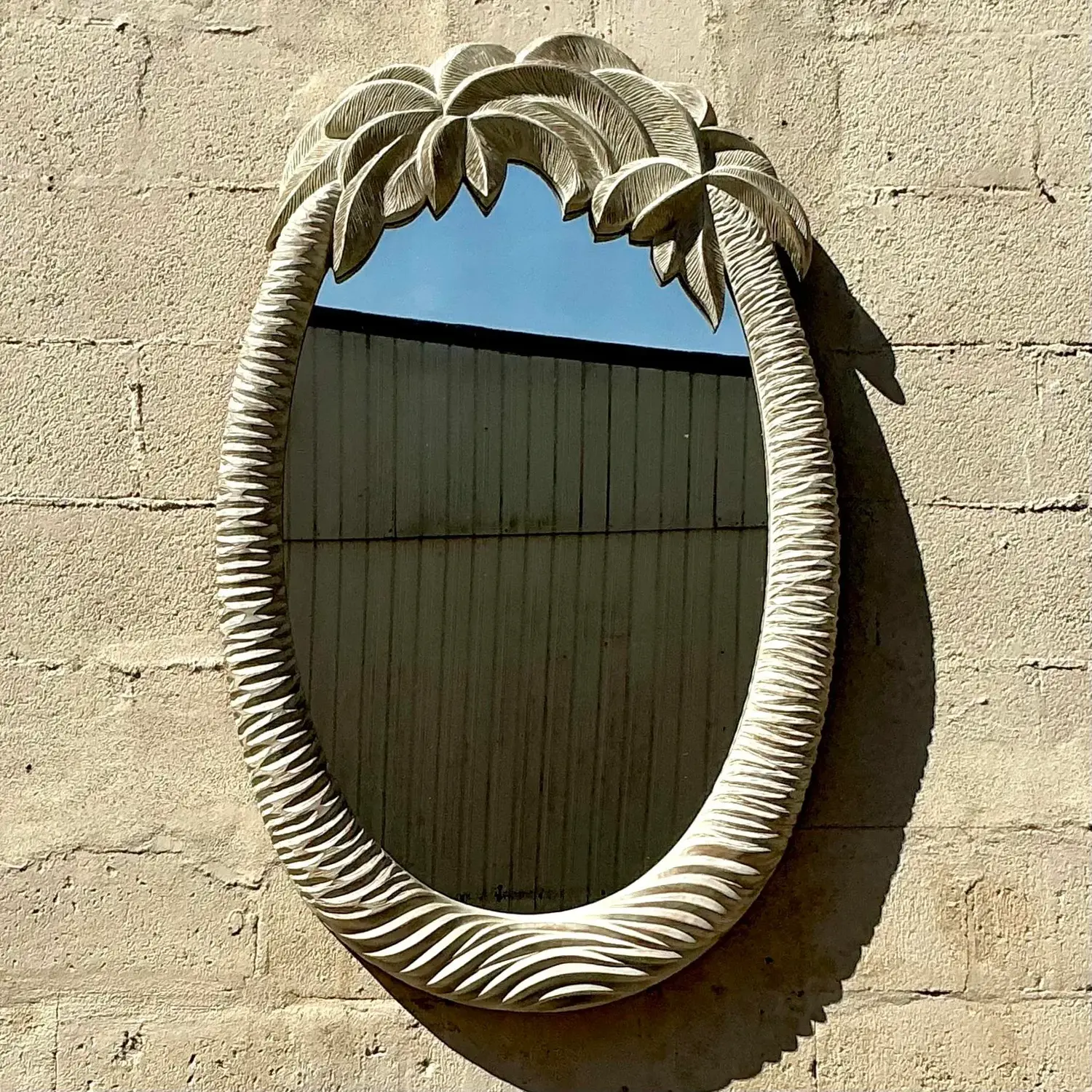Vintage Coastal Carved Palm Tree Mirror - Detail view