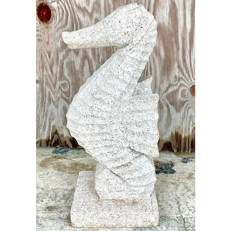 Vintage Coastal Carved Stone Seahorse Statue - Detail view