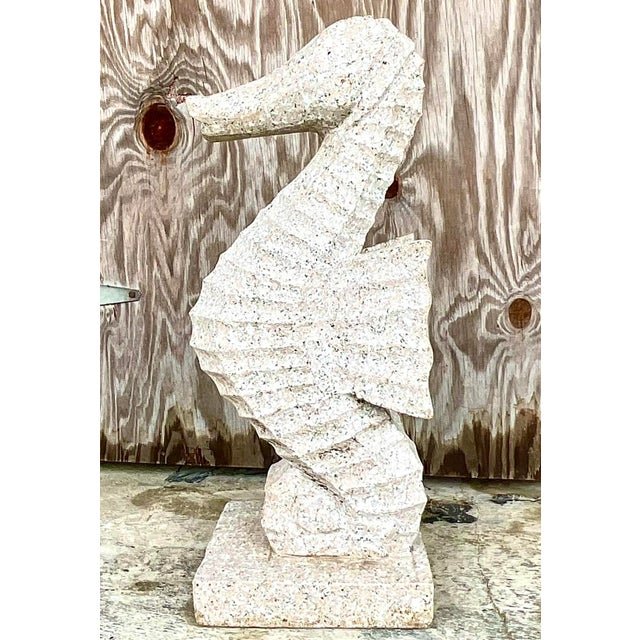 Vintage Coastal Carved Stone Seahorse Statue - Back view