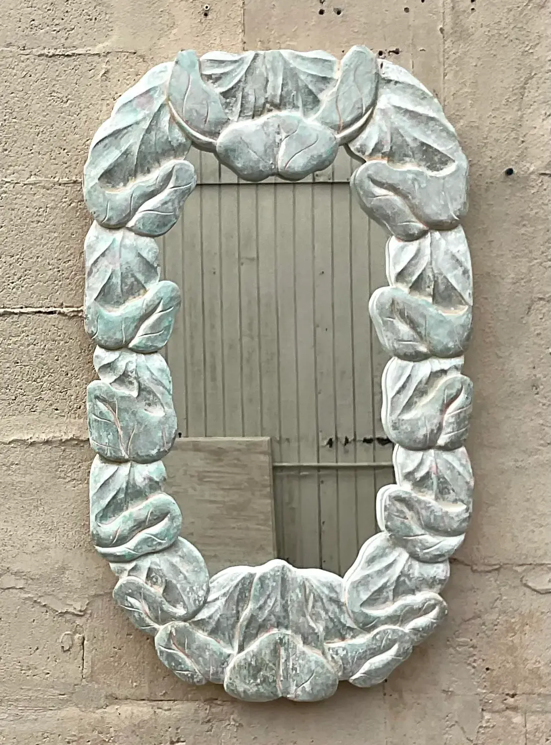 Vintage Coastal Carved Wood Wrapped Leaves Mirror - Detail view