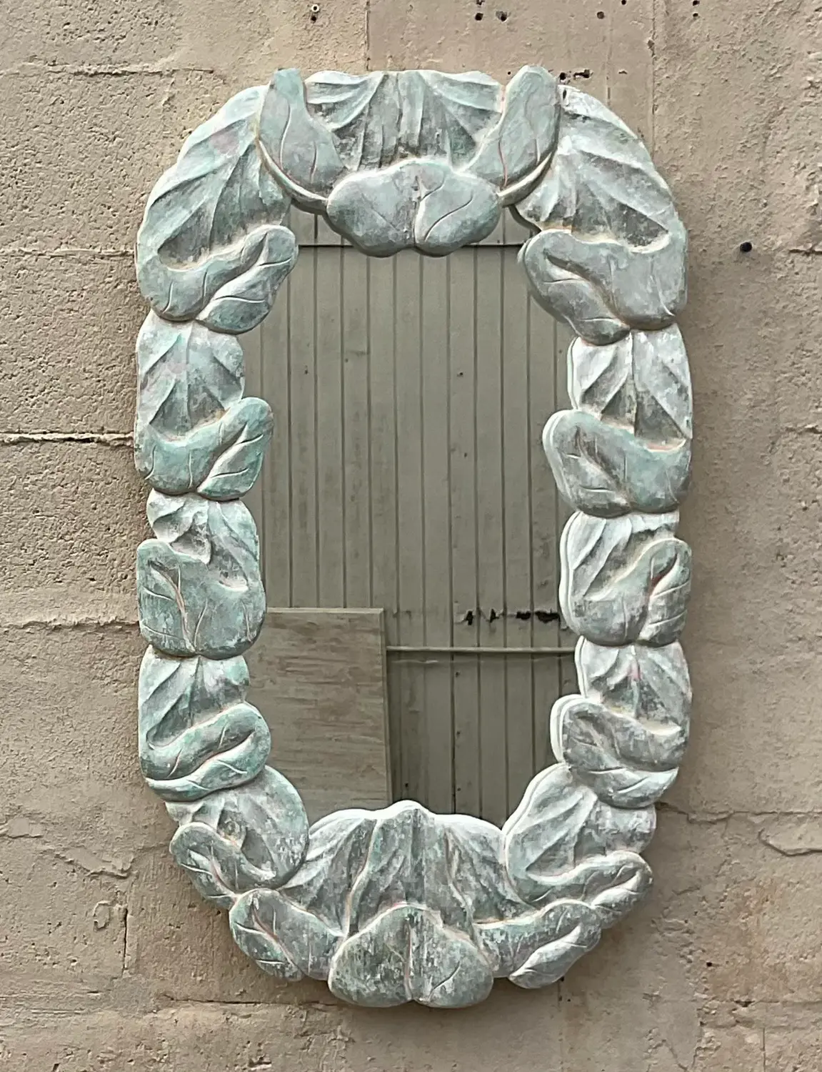 Vintage Coastal Carved Wood Wrapped Leaves Mirror - Top view