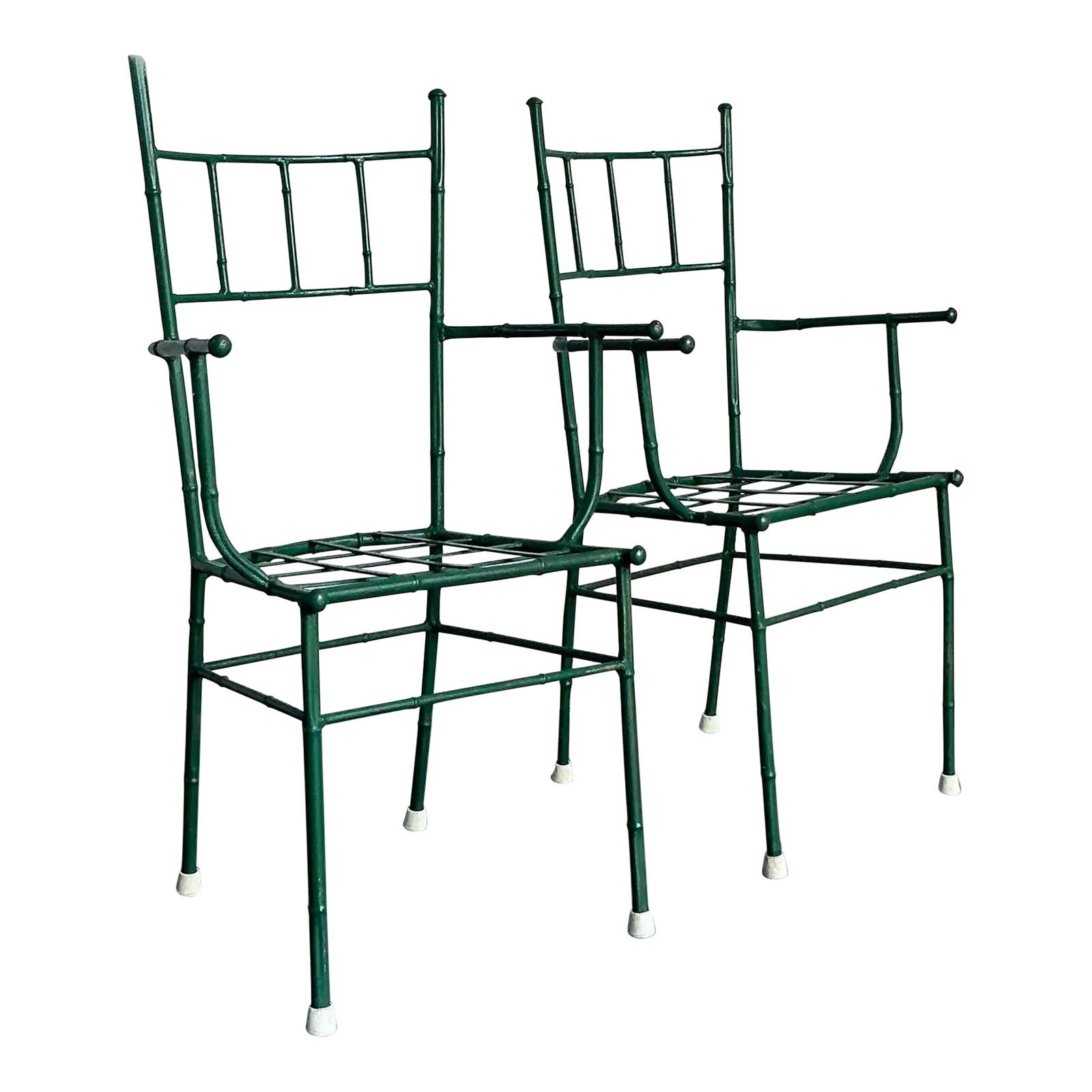 Vintage Coastal Cast Aluminum Faux Bamboo His and Her Arm Chairs - Set of 2