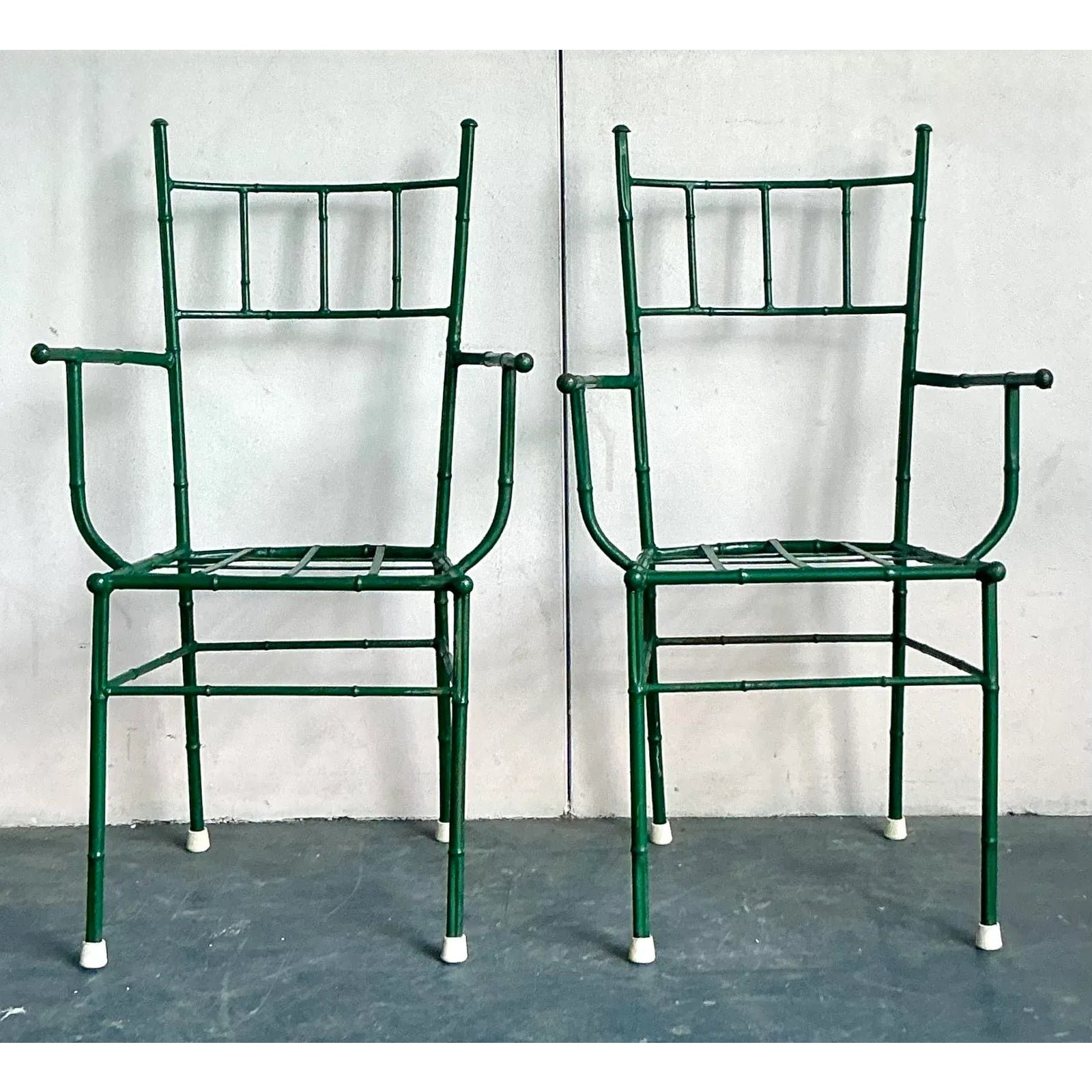 Vintage Coastal Cast Aluminum Faux Bamboo His and Her Arm Chairs - Set of 2 - Detail view