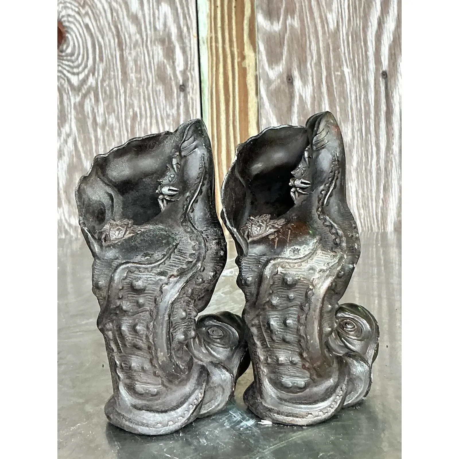 Vintage Coastal Cast Bronze Octopus Vase - A Pair - Side view