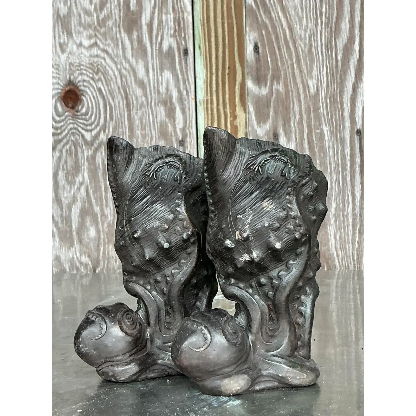 Vintage Coastal Cast Bronze Octopus Vase - A Pair - Back view