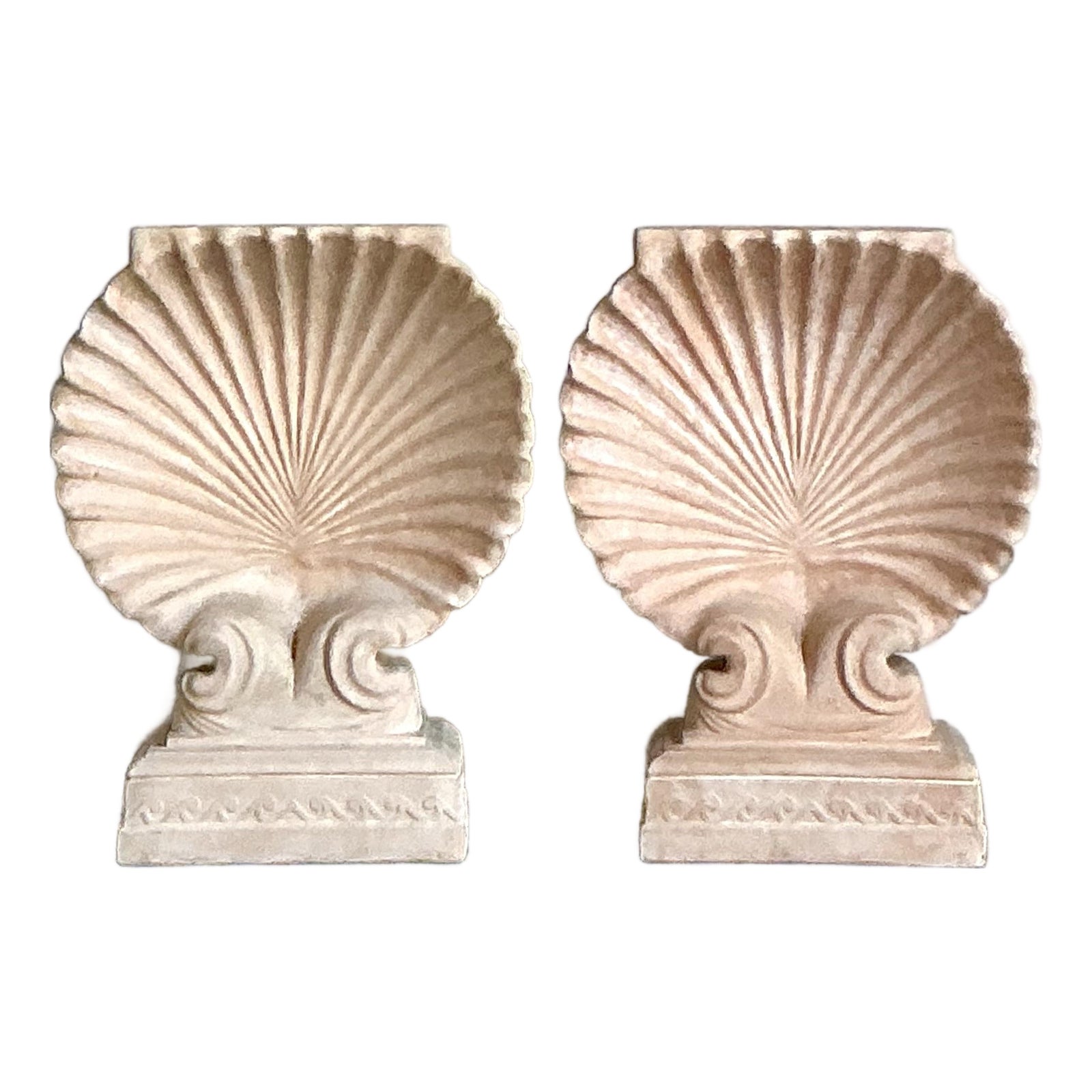 Vintage Coastal Cast Concrete Clam Shell Pedestals - A Pair - Detail view