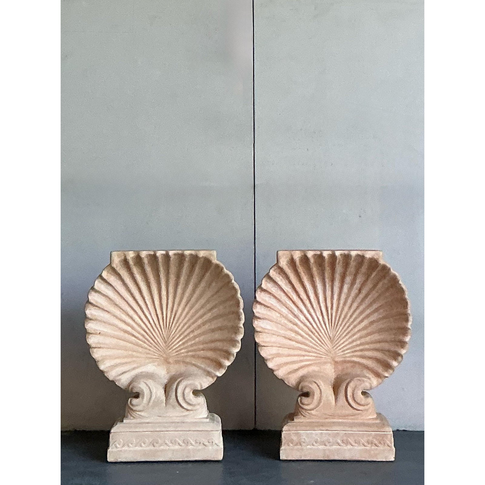 Vintage Coastal Cast Concrete Clam Shell Pedestals - A Pair - Top view
