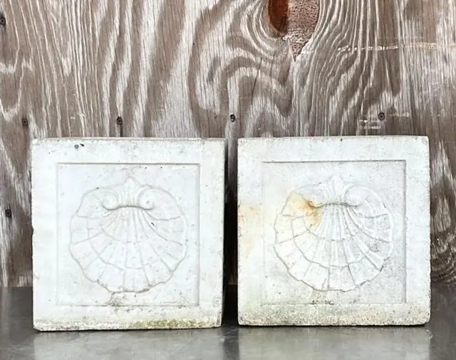 Vintage Coastal Cast Concrete Clam Shell Planters - a Pair - Side view