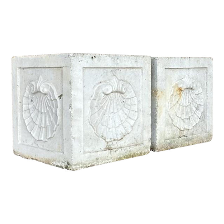 Vintage Coastal Cast Concrete Clam Shell Planters - a Pair - Detail view