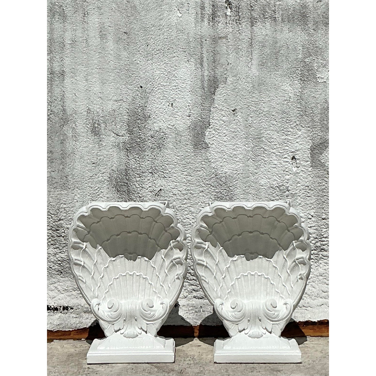 Vintage Coastal Cast Plaster Clam Shell Table Pedestals - Set of 2 - Detail view