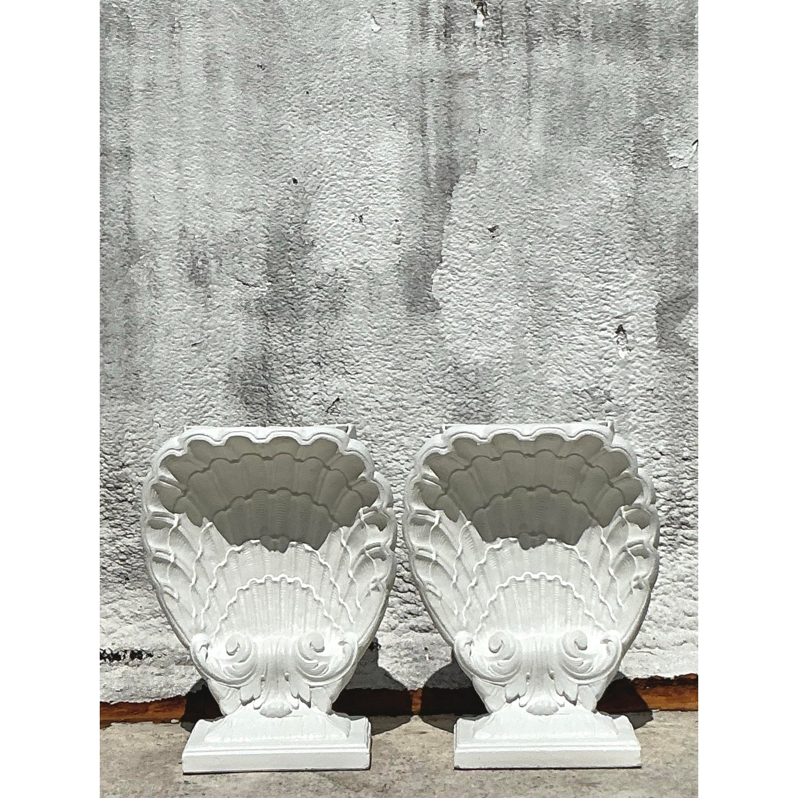 Vintage Coastal Cast Plaster Clam Shell Table Pedestals - Set of 2 - Side view