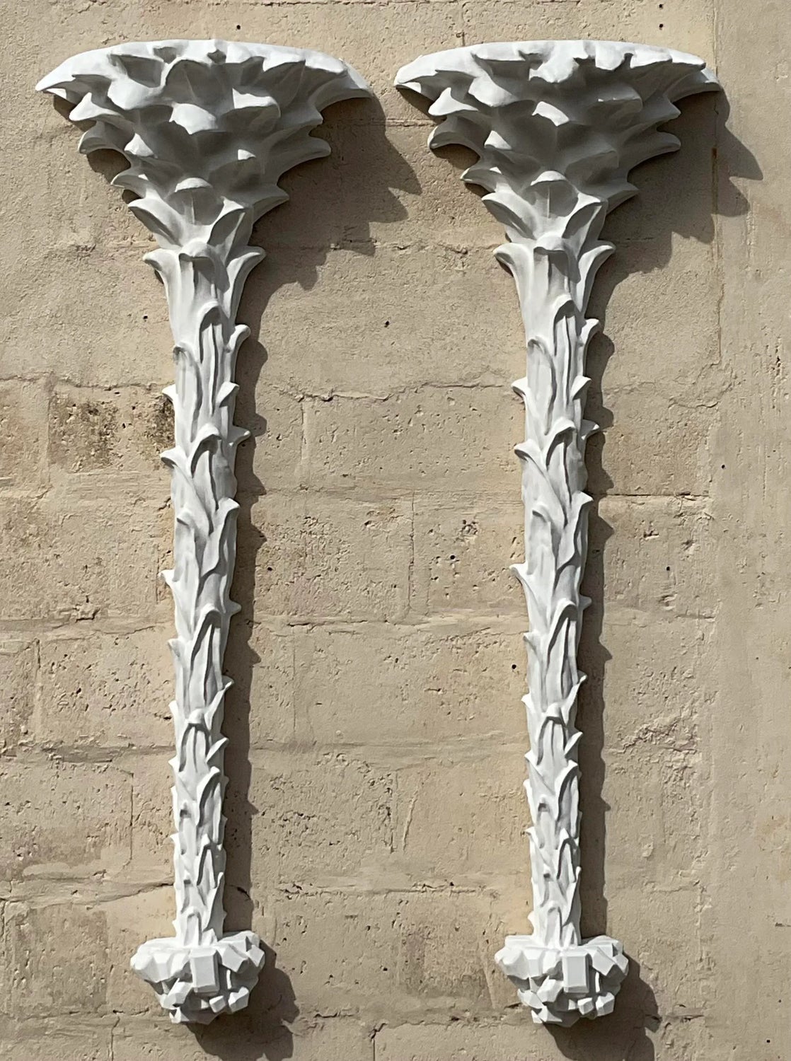 Vintage Coastal Cast White Plaster Palm Tree Wall Light Sconces - A Pair - Top view