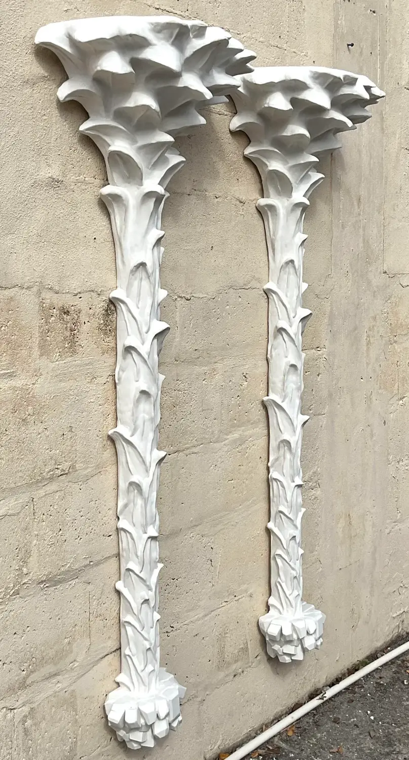 Vintage Coastal Cast White Plaster Palm Tree Wall Light Sconces - A Pair - Side view