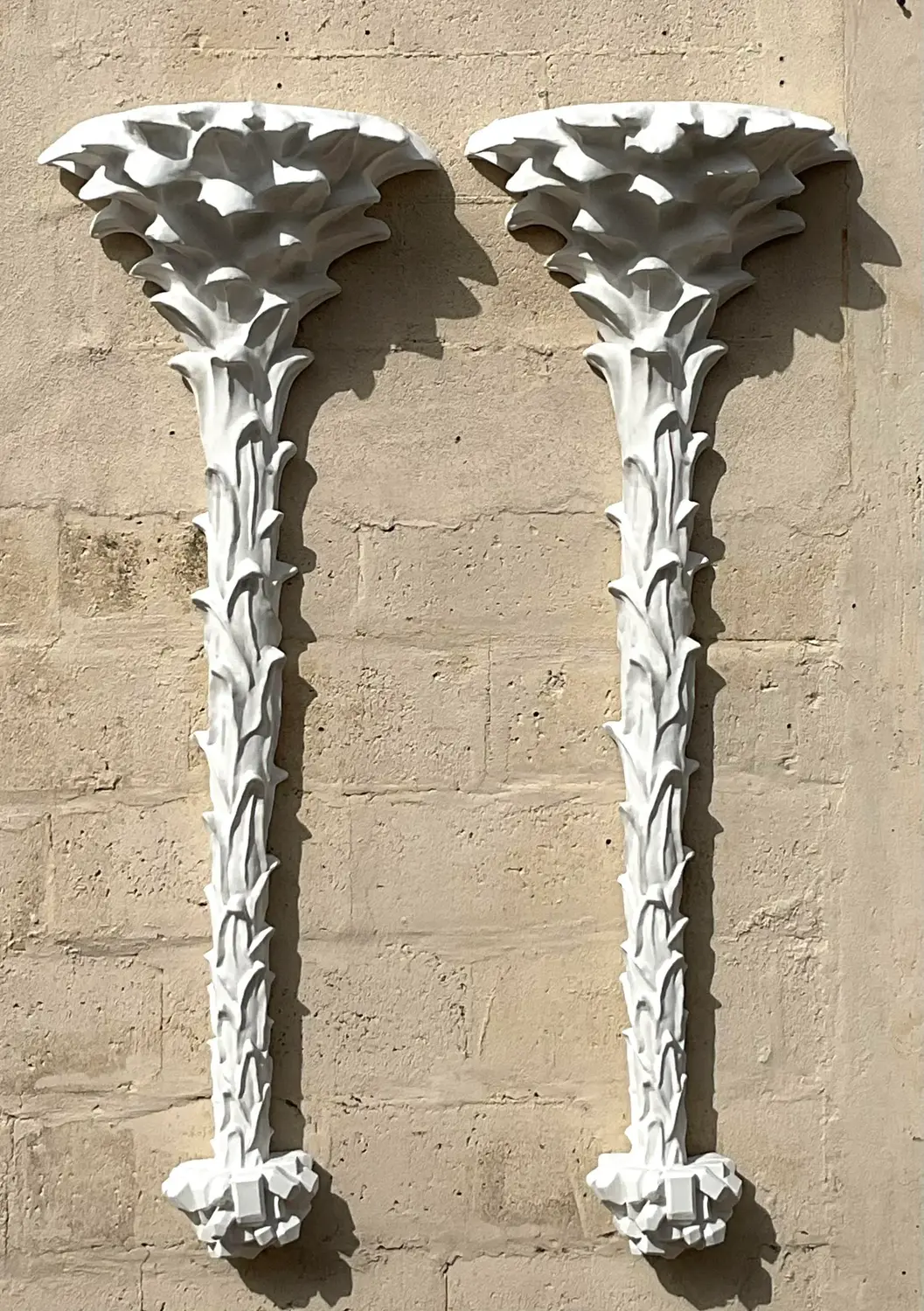 Vintage Coastal Cast White Plaster Palm Tree Wall Light Sconces - A Pair - Detail view
