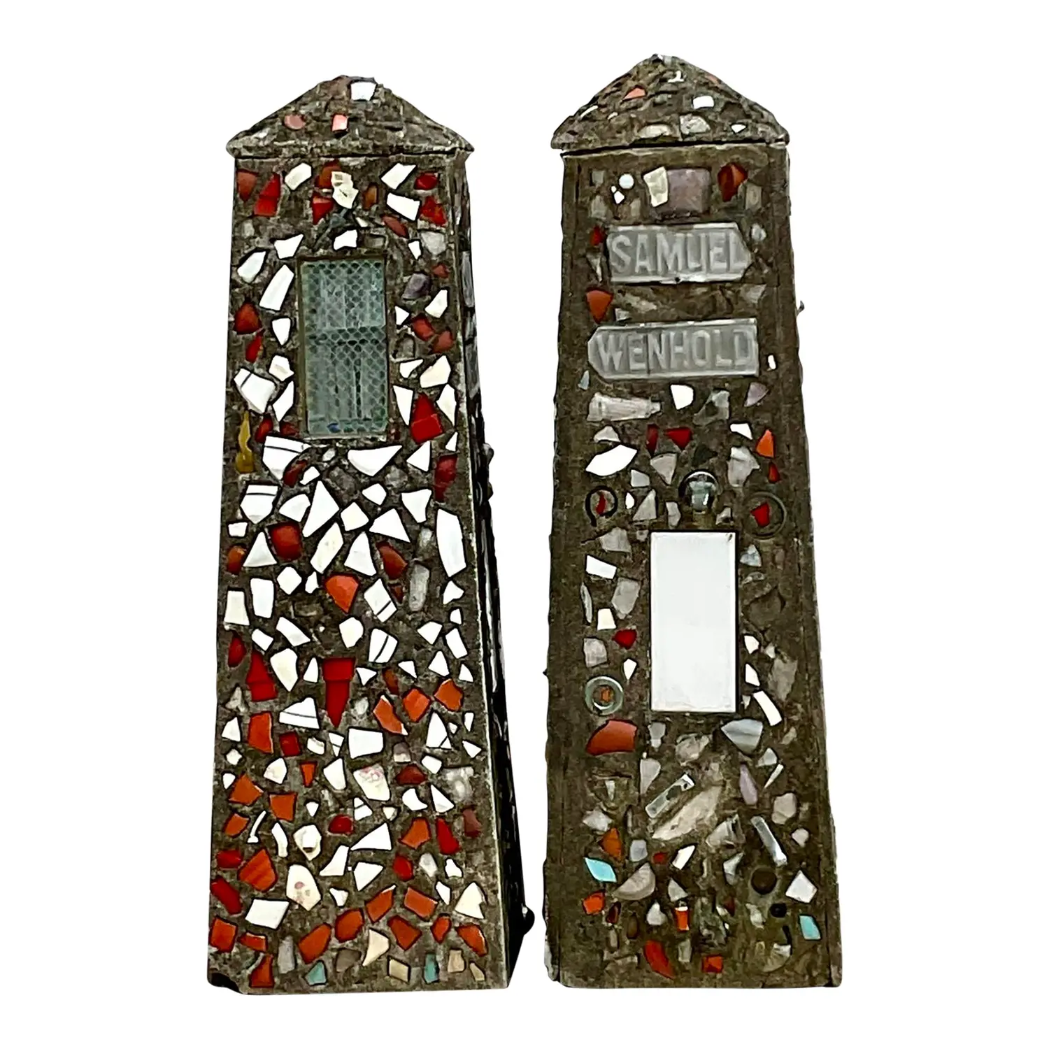 Vintage Coastal Cement Mosaic Garden Obelisks - a Pair