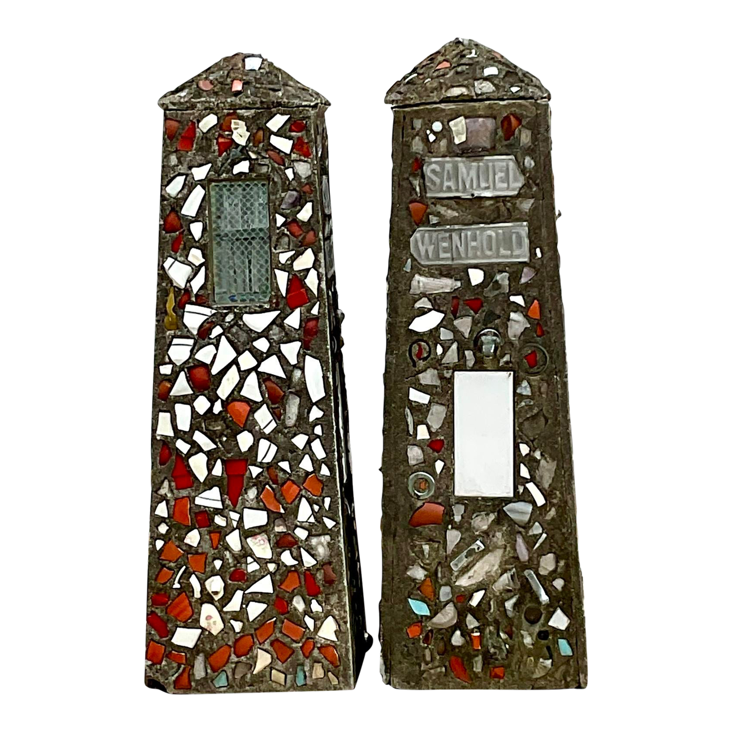 Vintage Coastal Cement Mosaic Garden Obelisks - a Pair - Detail view