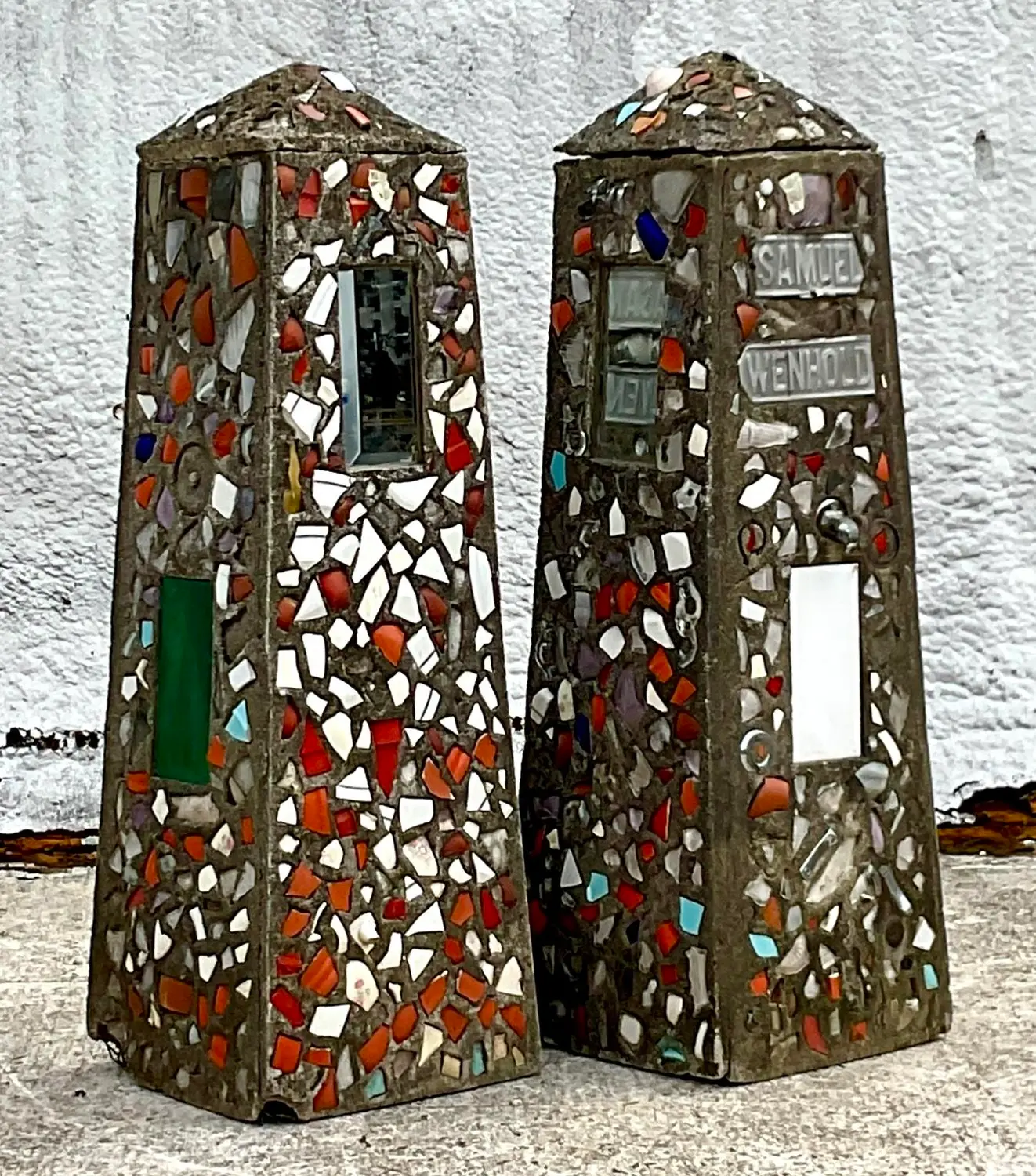 Vintage Coastal Cement Mosaic Garden Obelisks - a Pair - Side view