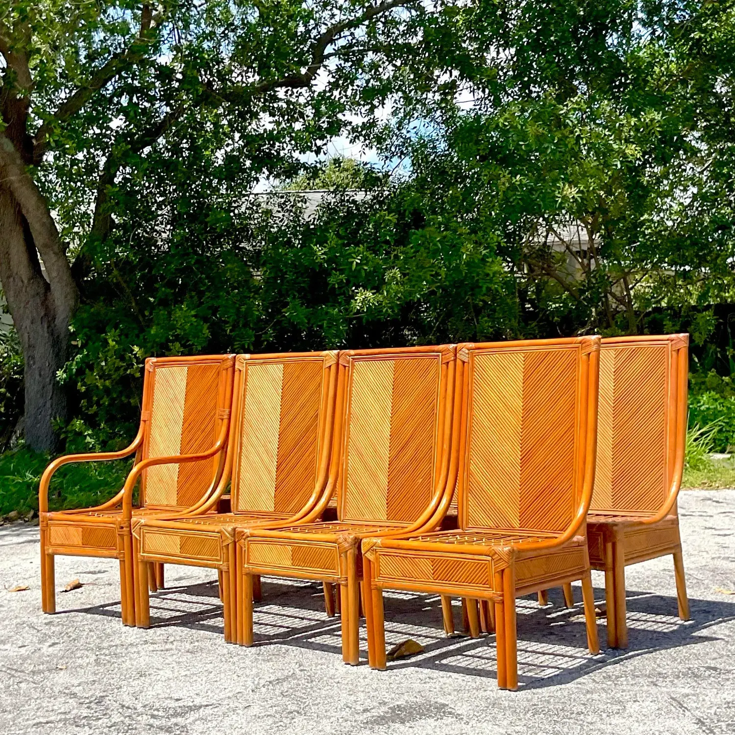 Vintage Coastal Chevron Pencil Reed Dining Chairs - Set of 8 - Top view