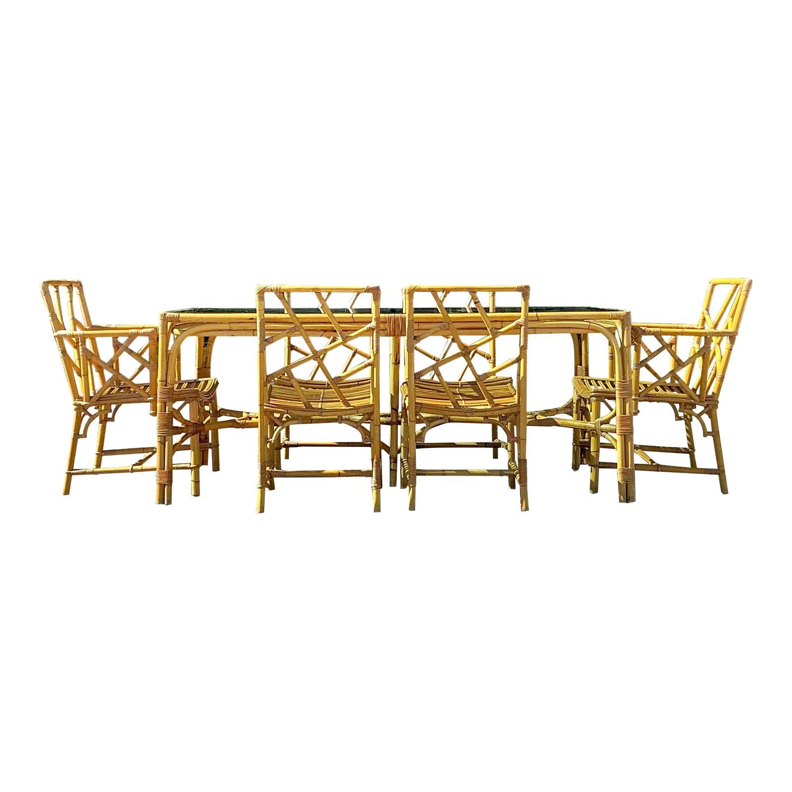 Vintage Coastal Chinese Chippendale Rattan Dining Set of 7