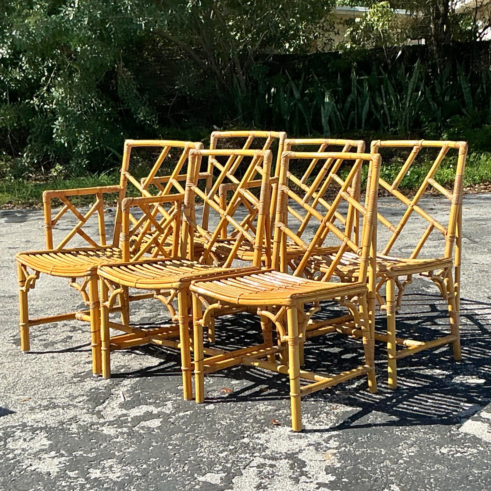 Vintage Coastal Chinese Chippendale Rattan Dining Set of 7 - Top view