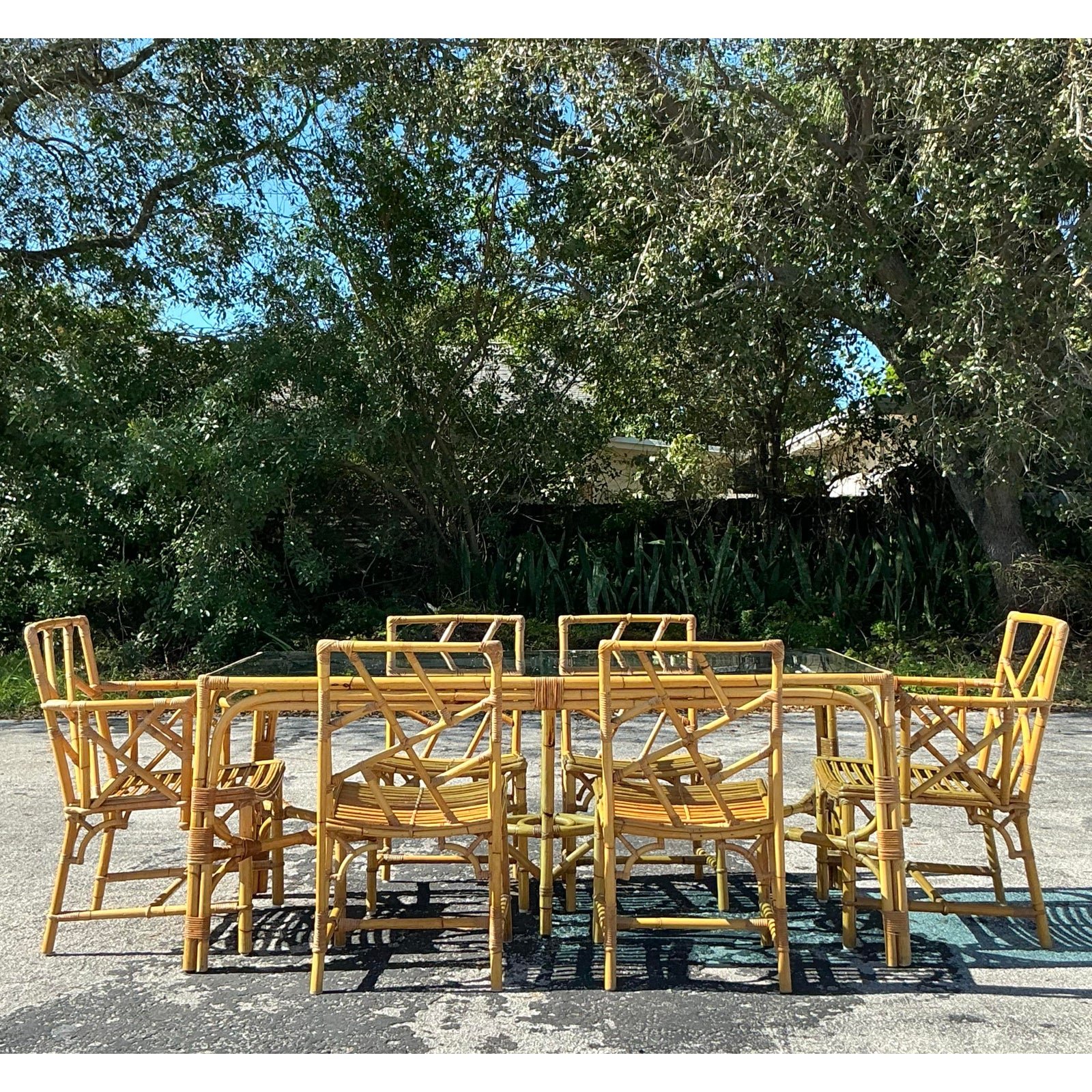 Vintage Coastal Chinese Chippendale Rattan Dining Set of 7 - Detail view