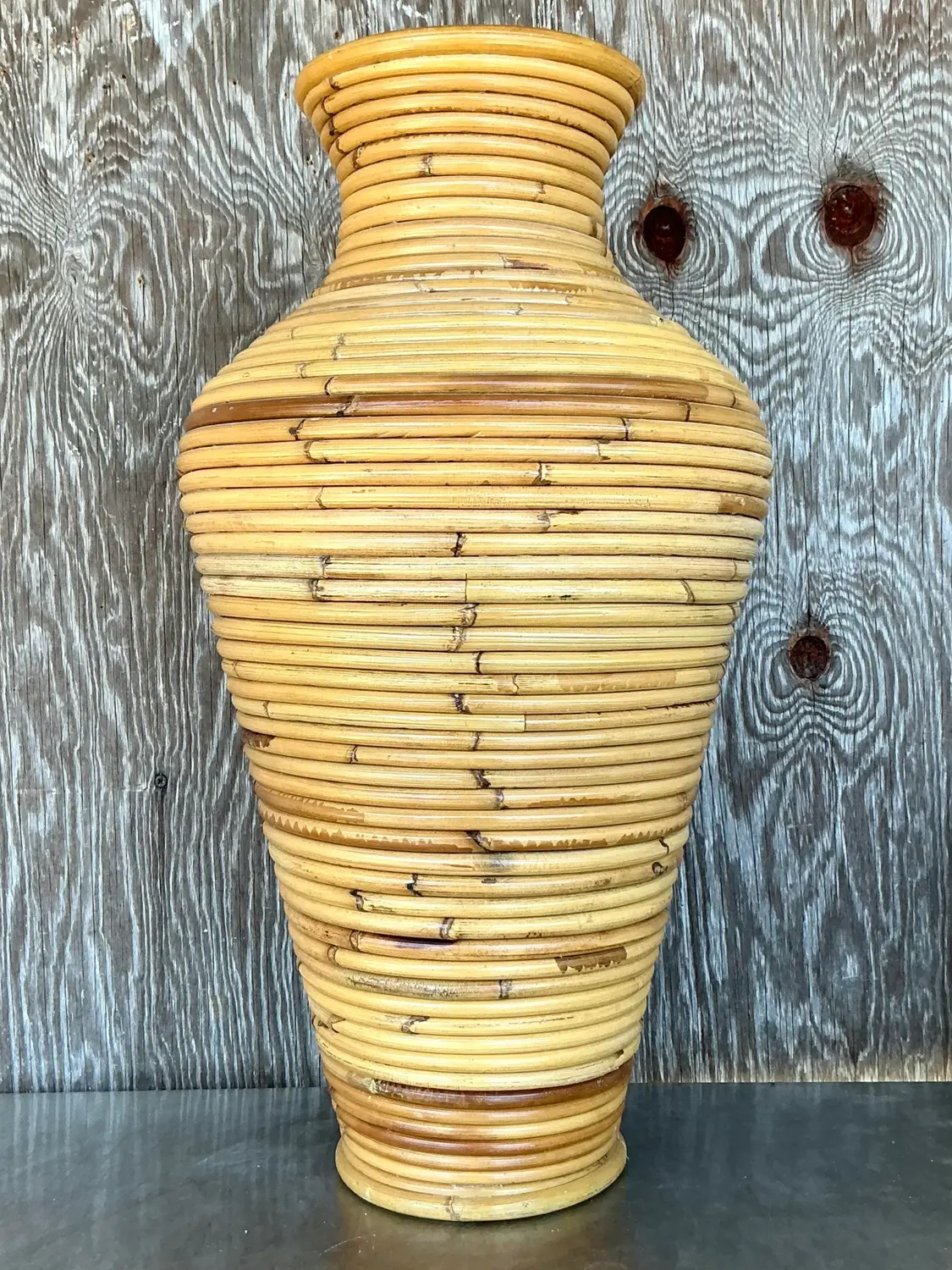 Vintage Coastal Coiled Pencil Reed Floor Vase - Side view