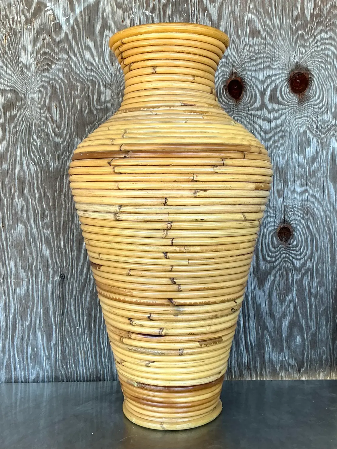 Vintage Coastal Coiled Pencil Reed Floor Vase - Back view