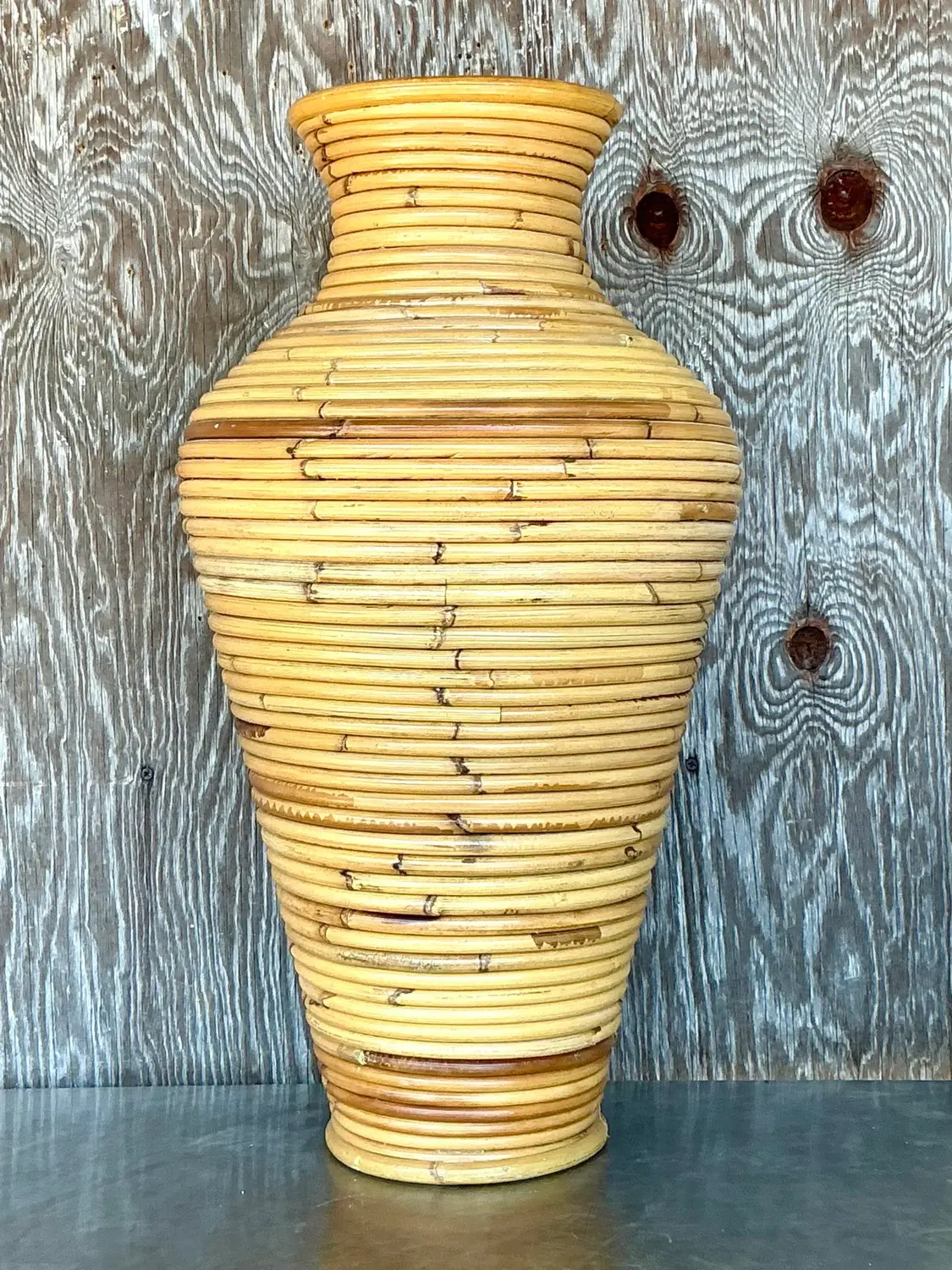 Vintage Coastal Coiled Pencil Reed Floor Vase - Top view