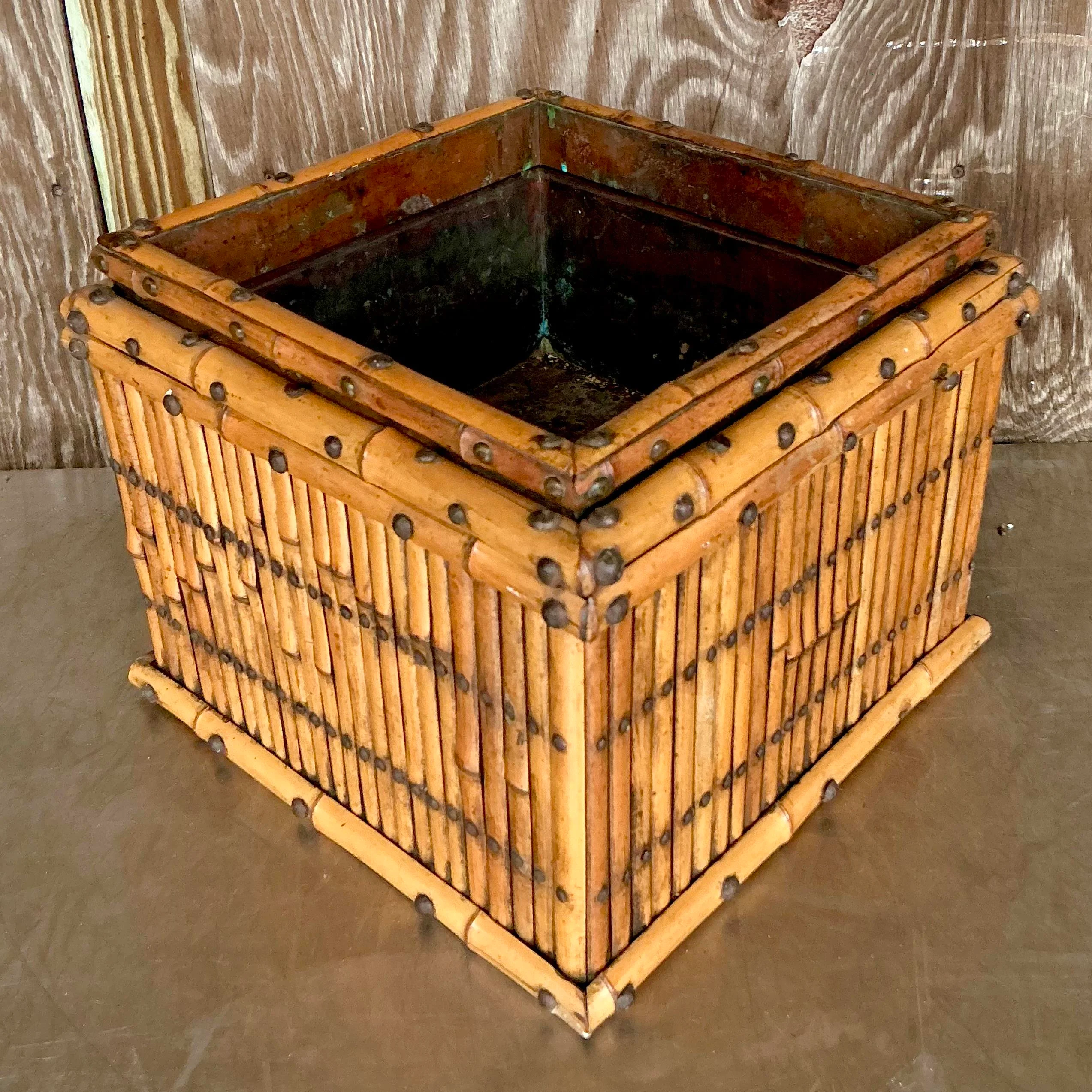 Vintage Coastal Copper Lined Bamboo Planter - Detail view