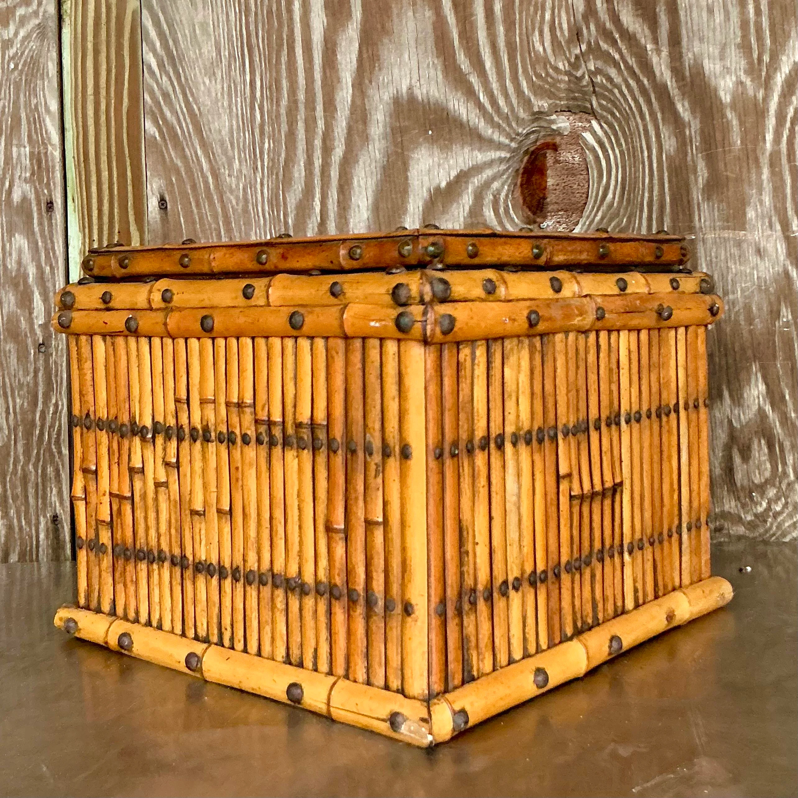Vintage Coastal Copper Lined Bamboo Planter - Back view
