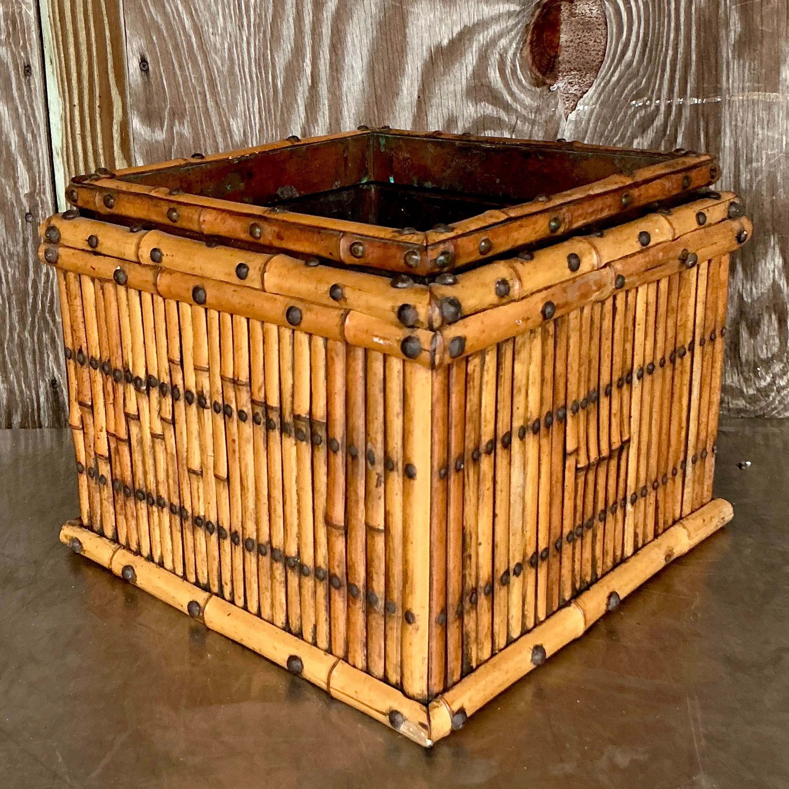 Vintage Coastal Copper Lined Bamboo Planter - Top view