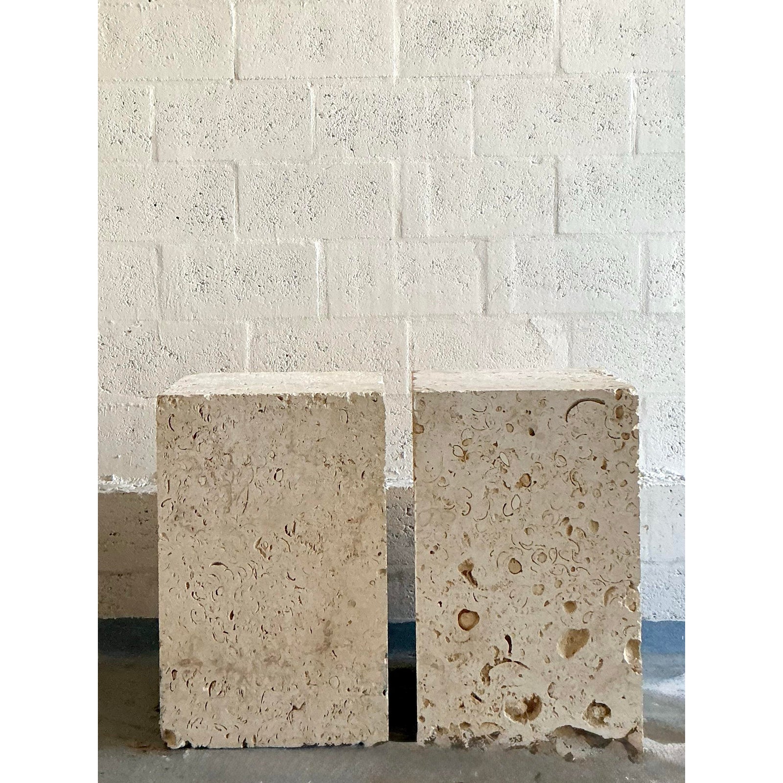 Vintage Coastal Coquina Block Dining Table Pedestal - Set of 2 - Back view