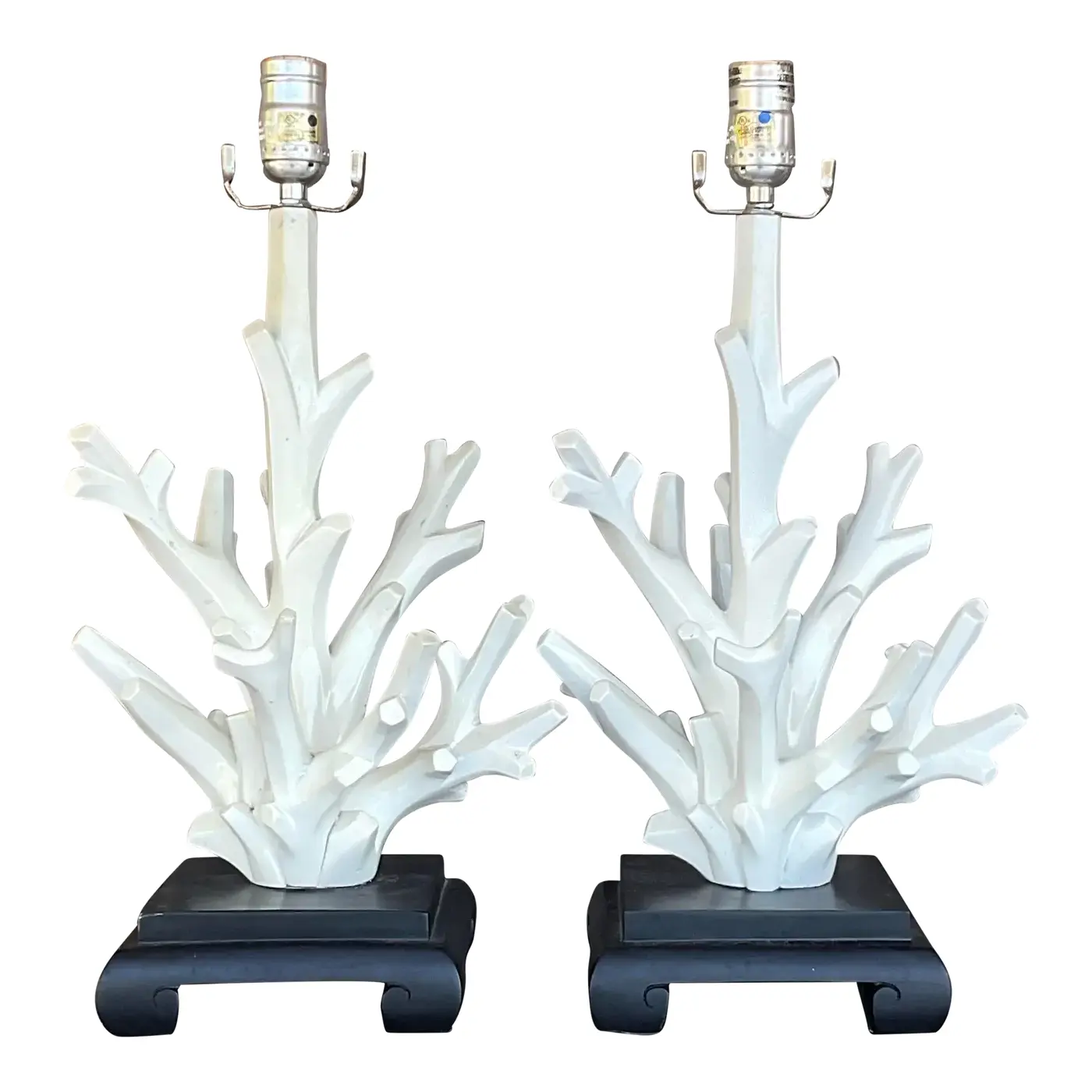 Vintage Coastal Coral Branch Wood Lamps - a Pair