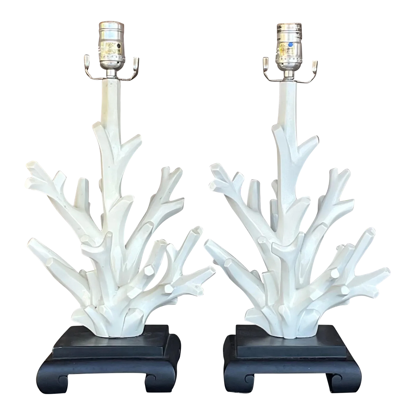 Vintage Coastal Coral Branch Wood Lamps - a Pair - Detail view