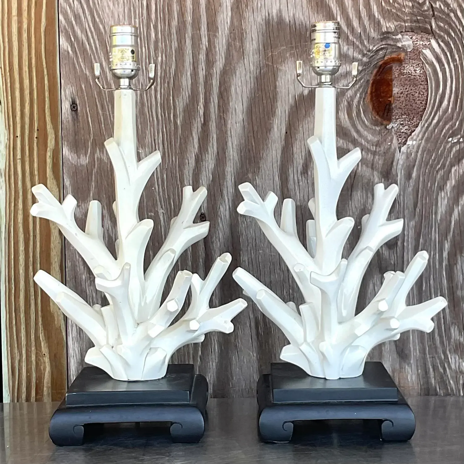 Vintage Coastal Coral Branch Wood Lamps - a Pair - Side view