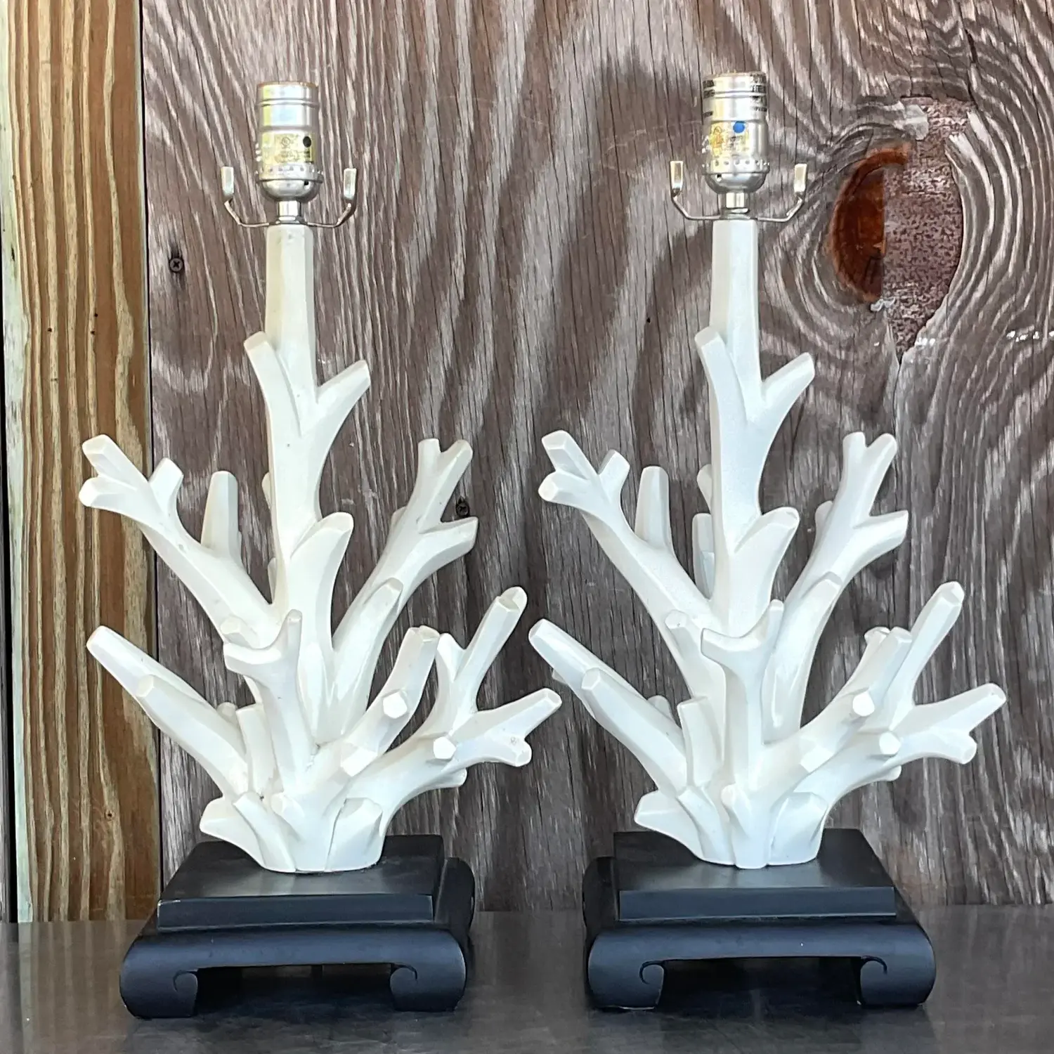 Vintage Coastal Coral Branch Wood Lamps - a Pair - Back view