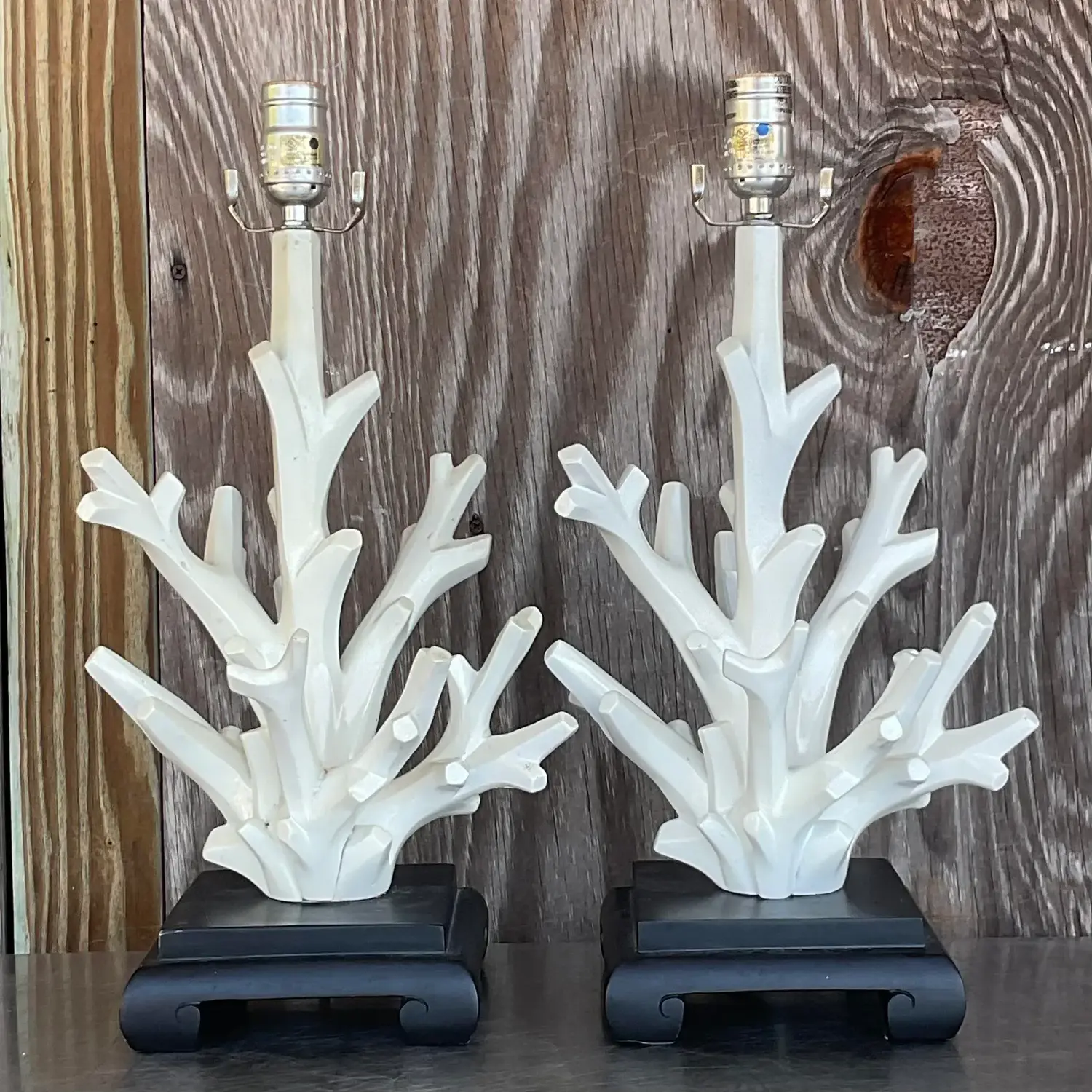 Vintage Coastal Coral Branch Wood Lamps - a Pair - Top view